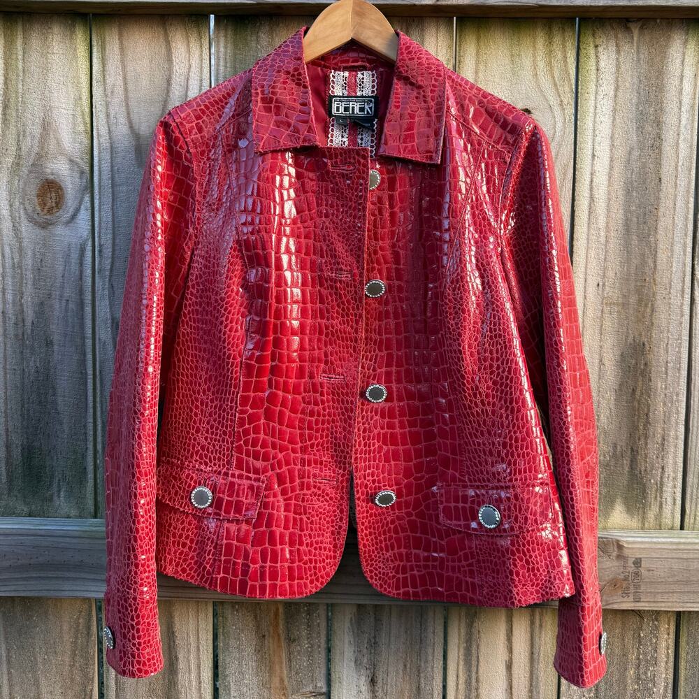 Vintage Glossy Red Croc Leather Jacket Y2K